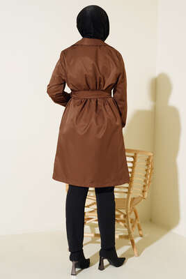 Üç Düğmeli Kuşaklı Trençkot Kahve - Thumbnail