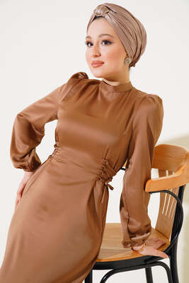 Pazarium - Yanları İp Detaylı Saten Elbise Taba