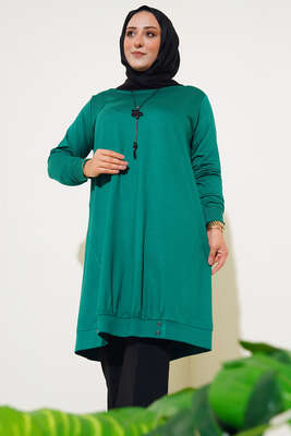 Düğme Detaylı Kolyeli Büyük Beden Tunik Yeşil - Thumbnail