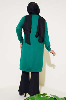 Düğme Detaylı Kolyeli Büyük Beden Tunik Yeşil - Thumbnail