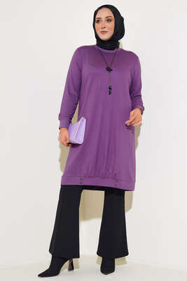 Düğme Detaylı Kolyeli Büyük Beden Tunik Lila - Thumbnail