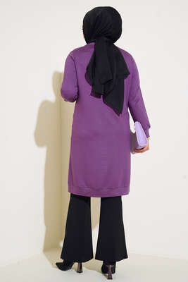 Düğme Detaylı Kolyeli Büyük Beden Tunik Lila - Thumbnail