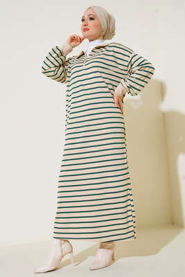 Çizgili Uzun Elbise Zümrüt Yeşili - Thumbnail