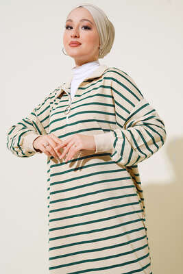 Çizgili Uzun Elbise Zümrüt Yeşili - Thumbnail