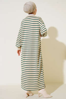 Çizgili Uzun Elbise Zümrüt Yeşili - Thumbnail