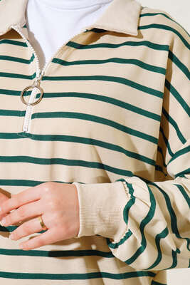 Çizgili Uzun Elbise Zümrüt Yeşili - Thumbnail