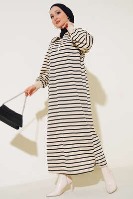 Çizgili Uzun Elbise Siyah - Thumbnail