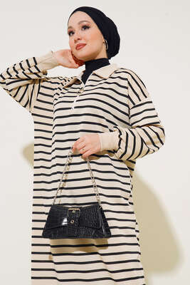 Çizgili Uzun Elbise Siyah - Thumbnail