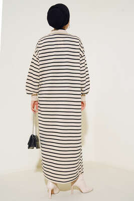 Çizgili Uzun Elbise Siyah - Thumbnail