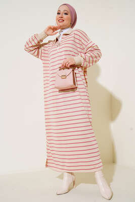 Çizgili Uzun Elbise Pudra - Thumbnail