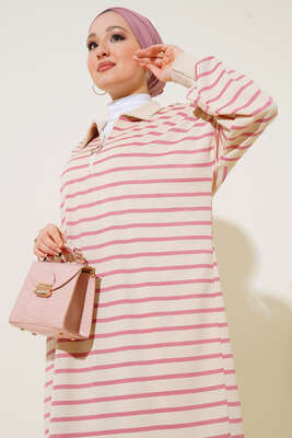 Çizgili Uzun Elbise Pudra - Thumbnail