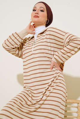 Çizgili Uzun Elbise Latte - Thumbnail