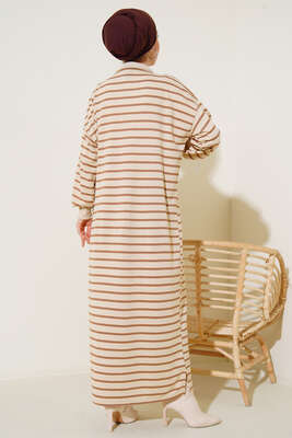 Çizgili Uzun Elbise Latte - Thumbnail