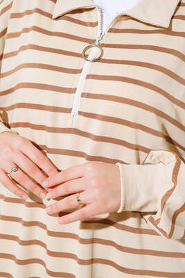 Çizgili Uzun Elbise Latte - Thumbnail