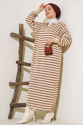 Çizgili Uzun Elbise Kahve - Thumbnail