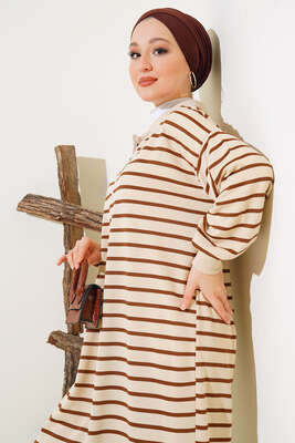 Çizgili Uzun Elbise Kahve - Thumbnail