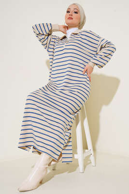 Çizgili Uzun Elbise İndigo - Thumbnail