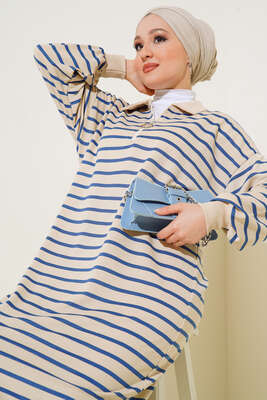 Çizgili Uzun Elbise İndigo - Thumbnail