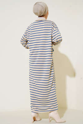 Çizgili Uzun Elbise İndigo - Thumbnail