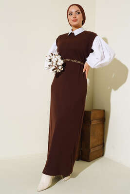 Fitilli Kolsuz Elbise Kahve - Thumbnail