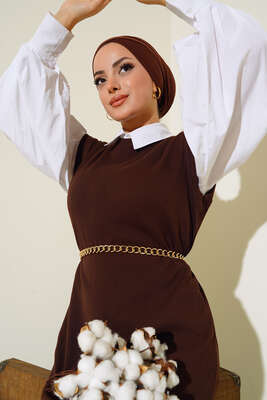 Fitilli Kolsuz Elbise Kahve - Thumbnail