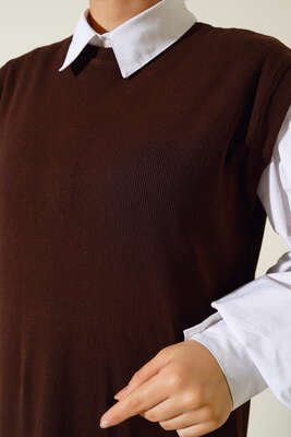 Fitilli Kolsuz Elbise Kahve - Thumbnail