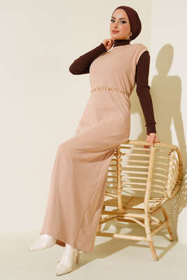 Fitilli Kolsuz Elbise Bej - Thumbnail