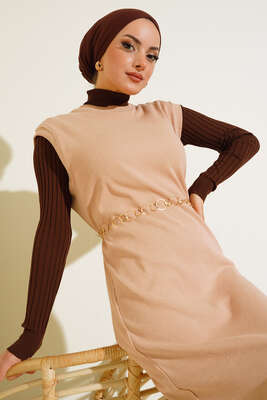 Fitilli Kolsuz Elbise Bej - Thumbnail