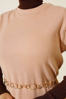 Fitilli Kolsuz Elbise Bej - Thumbnail