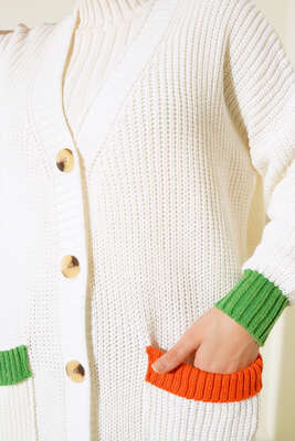 Renk Detaylı Salaş Ekru Hırka - Thumbnail