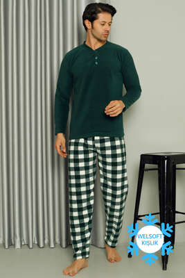 Düğme Yakalı Doğalgaz Faturası Düşüren Erkek Pijama Takımı Yeşil - Thumbnail