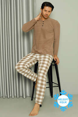 Düğme Yakalı Doğalgaz Faturası Düşüren Erkek Pijama Takımı Vizon - Thumbnail