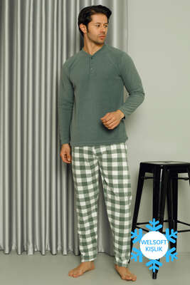 Düğme Yakalı Doğalgaz Faturası Düşüren Erkek Pijama Takımı Haki - Thumbnail