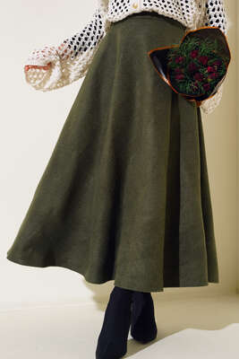 Kaşe Kloş Etek Haki - Thumbnail