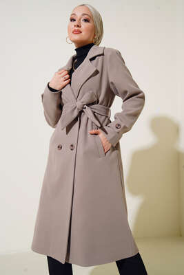 Kruvaze Yaka İki Düğmeli Kaşe Kaban Vizon - Thumbnail