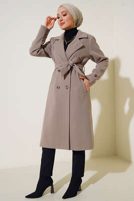 Kruvaze Yaka İki Düğmeli Kaşe Kaban Vizon - Thumbnail