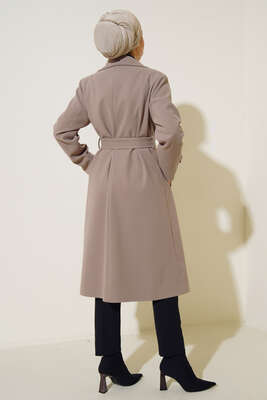 Kruvaze Yaka İki Düğmeli Kaşe Kaban Vizon - Thumbnail