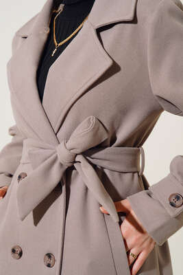 Kruvaze Yaka İki Düğmeli Kaşe Kaban Vizon - Thumbnail