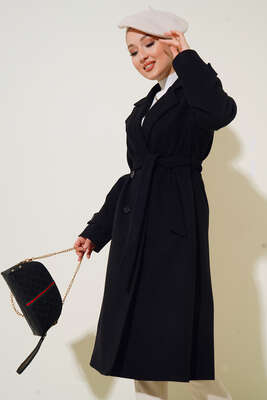 Pazarium - Kruvaze Yaka İki Düğmeli Kaşe Kaban Siyah