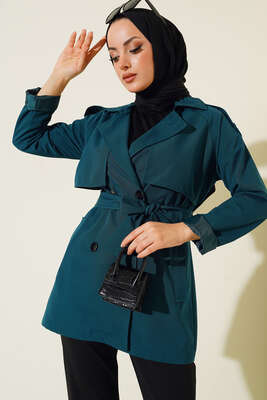 Pazarium - Kruvaze Yaka Kısa Trençkot Zümrüt