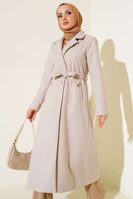 Yan Cepli Düğmeli Uzun Kaşe Kaban Taş - Thumbnail