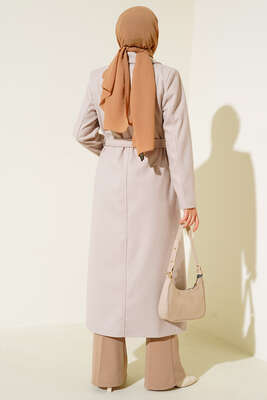 Yan Cepli Düğmeli Uzun Kaşe Kaban Taş - Thumbnail