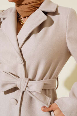 Yan Cepli Düğmeli Uzun Kaşe Kaban Taş - Thumbnail