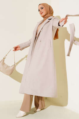 Yan Cepli Düğmeli Uzun Kaşe Kaban Taş - Thumbnail