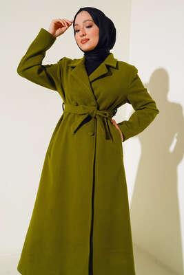 Yan Cepli Düğmeli Uzun Kaşe Kaban Haki - Thumbnail