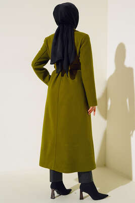 Yan Cepli Düğmeli Uzun Kaşe Kaban Haki - Thumbnail