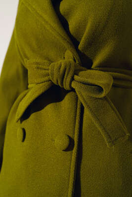 Yan Cepli Düğmeli Uzun Kaşe Kaban Haki - Thumbnail