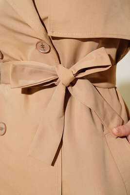 Kuşaklı Çift Cepli Uzun Trençkot Camel - Thumbnail