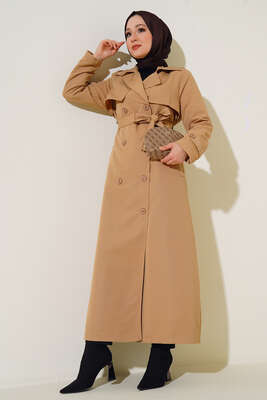 Kuşaklı Çift Cepli Uzun Trençkot Camel - Thumbnail