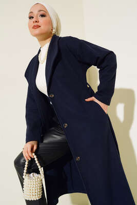 Üç Düğmeli Kaşe Kaban Lacivert - Thumbnail